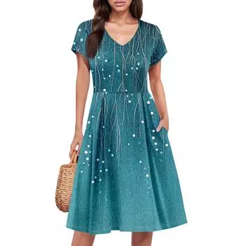 Женское летнее платье с коротким рукавом, V-образным вырезом, короткое, модное, повседневное, летящее, А-силуэта, платье-сарафан с карманом XXL циан