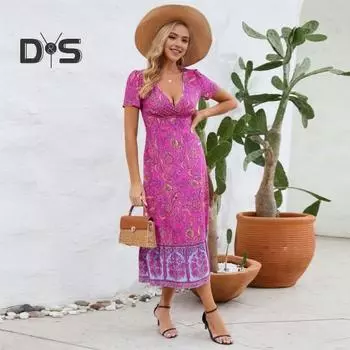 Женское летнее платье с коротким рукавом и V-образным вырезом, богемный принт, ретро, с узкой талией, длиной до середины икры, лоскутное подол, мягкое пляжное платье для отдыха M синий