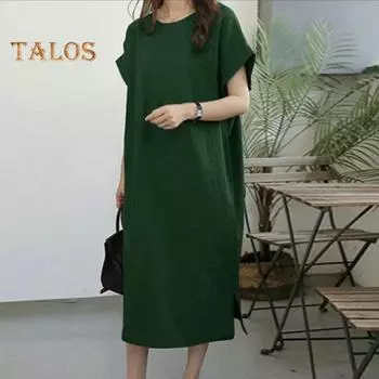 Женское летнее платье с короткими рукавами и круглым вырезом, свободное прямое платье с боковым разрезом, мягкое дышащее платье больших размеров, повседневное платье миди длиной до середины икры для путешествий L темно-зеленого