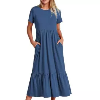 Женское летнее платье с короткими рукавами и круглым вырезом, свободный подол, плиссированные трапециевидные карманы, длина до середины икры, струящийся сарафан S темно-синий