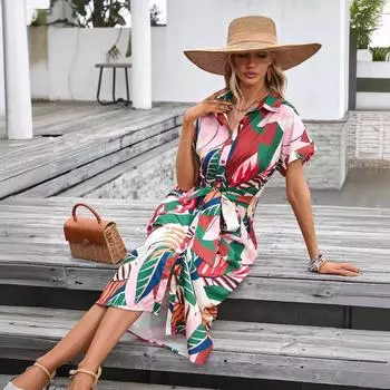 Женское летнее платье с короткими рукавами и высокой талией в этническом стиле на шнуровке S зелёный