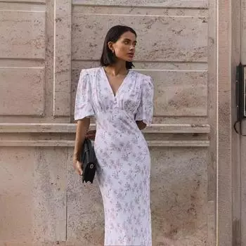 Женское летнее платье с короткими рукавами и высокой талией в этническом стиле на шнуровке S белый