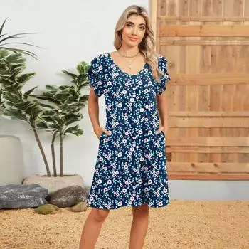 Женское летнее платье с короткими рукавами и V-образным вырезом, карманом и принтом, двухслойное, с рукавами-лотосами S белый/чёрный