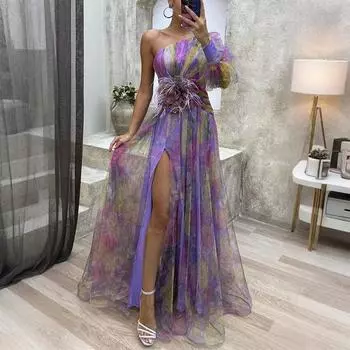 Женское летнее платье с косыми плечами, сетчатый принт, подтяжки, праздничное повседневное вечернее платье L фиолетовый
