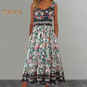 Женское летнее платье с красочным цветочным принтом, трапециевидной формы без рукавов, свободные боковые карманы, плиссированный жилет с круглым вырезом, повседневная домашняя одежда для отдыха, платье миди M белый