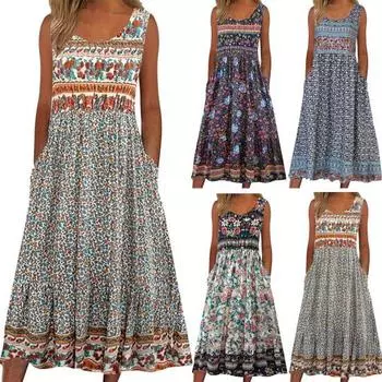 Женское летнее платье с красочным цветочным принтом, трапециевидной формы без рукавов, свободные боковые карманы, плиссированный жилет с круглым вырезом, повседневная домашняя одежда для отдыха, платье миди 2XL бежевый