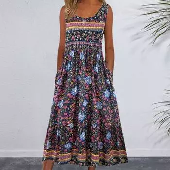 Женское летнее платье с красочным цветочным принтом, трапециевидной формы без рукавов, свободные боковые карманы, плиссированный жилет с круглым вырезом, повседневная домашняя одежда для отдыха, платье миди M белый