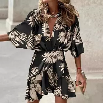 Женское летнее платье с красочным принтом, V-образным вырезом и высокой талией, рукавами «летучая мышь» с нерегулярным подолом, рюшами, свободное мягкое вечернее пляжное мини-платье XL королевский синий