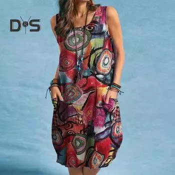 Женское летнее платье с красочным принтом граффити, свободное шею, богемное платье без рукавов с карманами для отдыха, длиной до колена, мягкое дышащее женское платье миди M зелёный