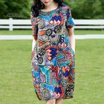 Женское летнее платье с красочным принтом граффити и круглым вырезом с короткими рукавами, свободное до колена и боковыми карманами, пуловер, повседневное платье миди для покупок M синий