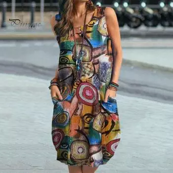 Женское летнее платье с красочным принтом граффити, свободное шею, богемное платье без рукавов с карманами для отдыха, длиной до колена, мягкое дышащее женское платье миди M зелёный