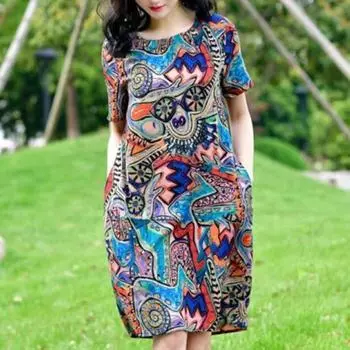 Женское летнее платье с красочным принтом граффити и круглым вырезом с короткими рукавами, свободное до колена и боковыми карманами, пуловер, повседневное платье миди для покупок L синий