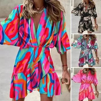 Женское летнее платье с красочным принтом, V-образным вырезом и высокой талией, рукавами «летучая мышь» с нерегулярным подолом, рюшами, свободное мягкое вечернее пляжное мини-платье XL королевский синий