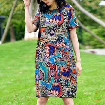 Женское летнее платье с красочным принтом граффити и круглым вырезом с короткими рукавами, свободная длина до колена с 2XL синий
