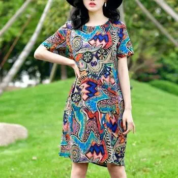 Женское летнее платье с красочным принтом граффити и круглым вырезом с короткими рукавами, свободное до колена и боковыми карманами, пуловер, повседневное платье миди для покупок L синий