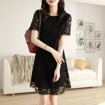Женское летнее платье с круглым вырезом, облегающее модное кружевное платье, платья А-силуэта с коротким рукавом и принтом M чёрный