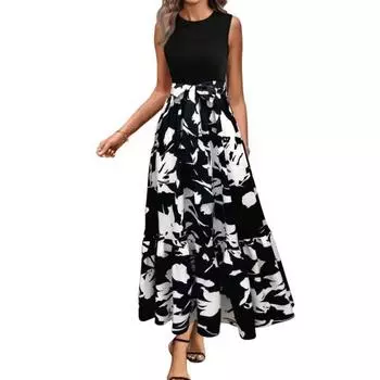 Женское летнее платье с круглым вырезом и коротким рукавом, с принтом и дизайном стыков, платье миди со струящимся подолом, пляжное вечернее платье S