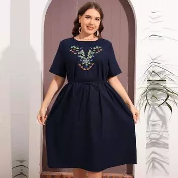 Женское летнее платье с круглым вырезом и коротким рукавом с вышитым поясом больших размеров, свободное простое платье синего цвета XL-5XL XL синий