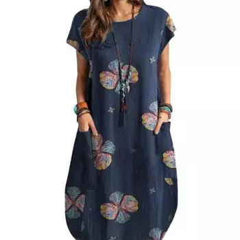 Женское летнее платье с круглым вырезом и короткими рукавами, ретро-принт с карманами, свободное тонкое платье, повседневная повседневная одежда XL розы красного