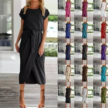 Женское летнее платье с круглым вырезом и без рукавов, платье трапециевидной формы с поясом и поясом, пляжные платья L чёрный