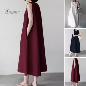 Женское летнее платье с круглым вырезом, свободное трапециевидное платье без рукавов, сплошной цвет до середины икры, мягкие дышащие повседневные карманы, женское платье миди больших размеров XL темно-синий