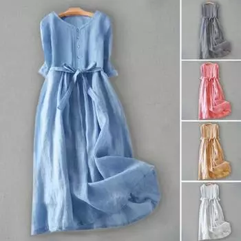 Женское летнее платье с круглым вырезом в стиле ретро, чистый цвет, с короткими рукавами, плиссированное трапециевидное платье с высокой талией и большим подолом, однобортное платье миди для отдыха M розовый