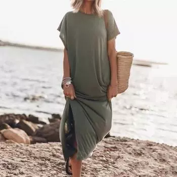 Женское летнее платье с круглым вырезом, тонкими короткими рукавами и боковым разрезом, свободное однотонное мягкое дышащее платье до щиколотки, повседневное платье макси S чёрный