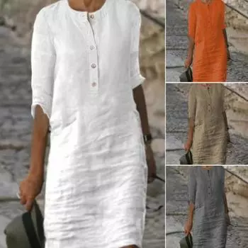 Женское летнее платье с круглым вырезом, рукавами три четверти, длиной до колена, сплошной цвет, пуговицы, свободный пуловер, мягкий повседневный дышащий женский осенне-весенний миди-платье M серый