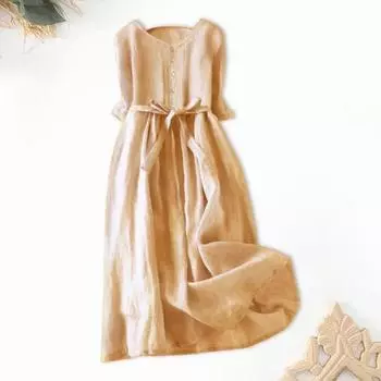 Женское летнее платье с круглым вырезом в стиле ретро, однотонное, с короткими рукавами, трапециевидной формы, плиссированное с высоким поясом M розовый