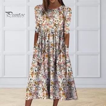 Женское летнее платье с круглым вырезом в стиле ретро с цветочным принтом, средними рукавами, трапециевидной формы, плиссированные боковые карманы, высокая талия, большой подол, отпускное платье миди S белый