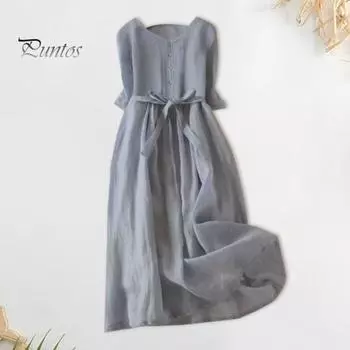 Женское летнее платье с круглым вырезом в стиле ретро, чистый цвет, с короткими рукавами, плиссированное трапециевидное платье с высокой талией и большим подолом, однобортное платье миди для отдыха M розовый