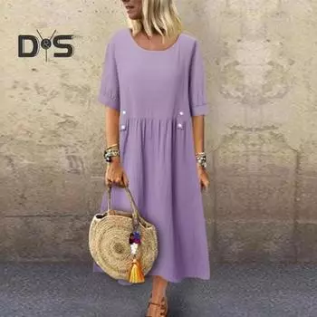 Женское летнее платье с круглым вырезом, свободное трапециевидное платье с короткими рукавами, сплошной цвет, карманы, декор на пуговицах, плиссированное платье миди длиной до середины икры S фиолетовый