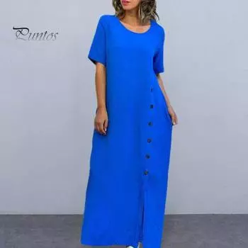 Женское летнее платье с круглым вырезом и пуговицами, декор с разрезом, однотонное, с короткими рукавами, свободное до щиколотки, мягкое дышащее повседневное платье макси L чёрный