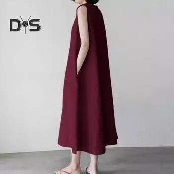 Женское летнее платье с круглым вырезом, свободное трапециевидное платье без рукавов, сплошной цвет до середины икры, мягкие дышащие повседневные карманы, женское платье миди больших размеров XL темно-синий