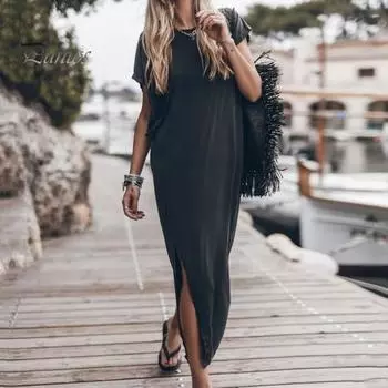 Женское летнее платье с круглым вырезом, тонкими короткими рукавами и боковым разрезом, свободное однотонное мягкое дышащее платье до щиколотки, повседневное платье макси S чёрный