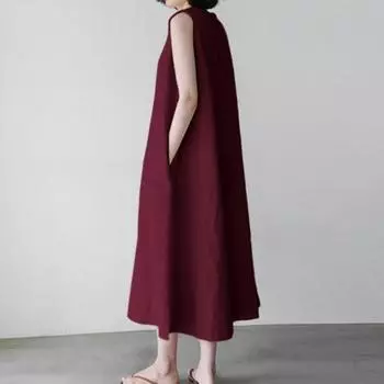 Женское летнее платье с круглым вырезом, свободное трапециевидное платье без рукавов, сплошной цвет до середины икры, мягкие дышащие повседневные карманы, женское платье миди больших размеров XL темно-синий