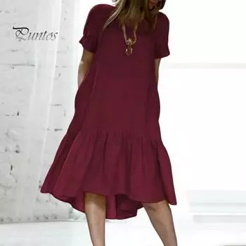 Женское летнее платье с круглым вырезом и рюшами по подолу в стиле пэчворк с короткими рукавами, однотонное свободное платье трапециевидной формы длиной до колена, повседневное мягкое повседневное пляжное платье миди 3XL жёлтый