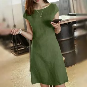 Женское летнее платье с круглым вырезом и коротким рукавом, однотонное, V-образное, с молнией сзади, трапециевидной формы, облегающее, длиной выше колена, ежедневное мини-платье для поездок на работу XL зелёный/жёлтый
