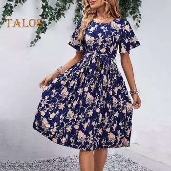 Женское летнее платье с круглым вырезом контрастного цвета с цветочным принтом и короткими рукавами трапециевидной формы на шнуровке с высокой узкой талией и свободным подолом длиной до колена женское платье миди S красный