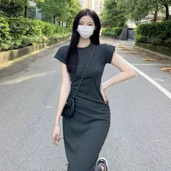 Женское летнее платье с круглым вырезом и коротким рукавом, облегающее эластичное платье-футляр, мягкое, однотонное, дышащее, до щиколотки, повседневное платье макси M темно-серого