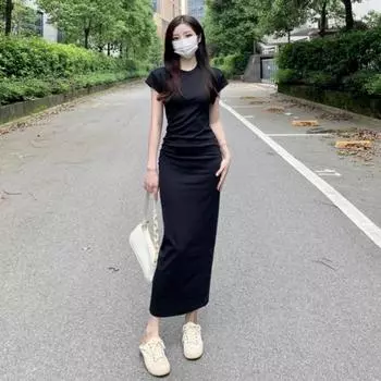 Женское летнее платье с круглым вырезом и коротким рукавом, облегающее эластичное платье-футляр, мягкое, однотонное, дышащее, до щиколотки, повседневное платье макси XL чёрный