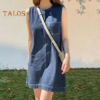 Женское летнее платье с круглым вырезом без рукавов, однотонное, свободное, в стиле пэчворк, с нагрудным карманом, мягкое мини-платье длиной выше колена XL темно-синий
