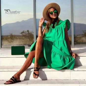 Женское летнее платье с круглым вырезом, летящими рукавами, трапециевидной формы, большие качели, свободное лоскутное плиссированное мягкое пляжное платье миди длиной до колена для отдыха S чёрный