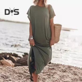 Женское летнее платье с круглым вырезом, тонкими короткими рукавами и боковым разрезом, свободное однотонное мягкое дышащее платье до щиколотки, повседневное платье макси S чёрный