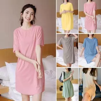 Женское летнее платье с круглым вырезом, свободное однотонное платье с короткими рукавами из ледяного шелка, повседневная одежда, домашняя одежда, пижамы длиной до колена, ночная рубашка серый