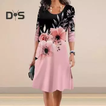 Женское летнее платье с круглым вырезом длиной до колена с цветочным принтом, пуловер трапециевидной формы с длинными рукавами, повседневная одежда, длинное платье для поездок на работу 2XL розовый