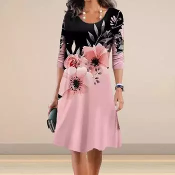 Женское летнее платье с круглым вырезом длиной до колена с цветочным принтом, пуловер трапециевидной формы с длинными рукавами, повседневная одежда, длинное платье для поездок на работу 2XL розовый