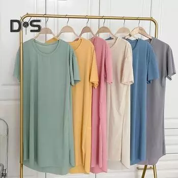 Женское летнее платье с круглым вырезом, свободное однотонное платье с короткими рукавами из ледяного шелка, повседневная одежда, домашняя одежда, пижамы длиной до колена, ночная рубашка зелёный