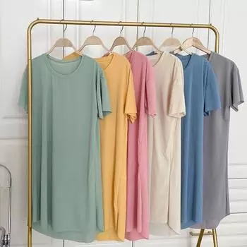 Женское летнее платье с круглым вырезом, свободное однотонное платье с короткими рукавами из ледяного шелка, повседневная одежда, домашняя одежда, пижамы длиной до колена, ночная рубашка серый