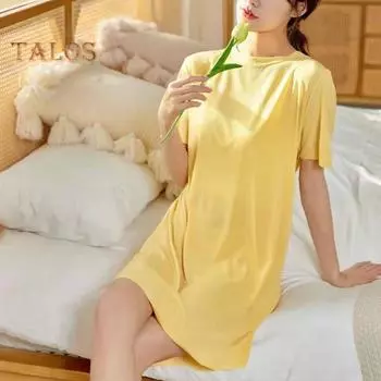 Женское летнее платье с круглым вырезом, свободное однотонное платье с короткими рукавами из ледяного шелка, повседневная одежда, домашняя одежда, пижамы длиной до колена, ночная рубашка зелёный